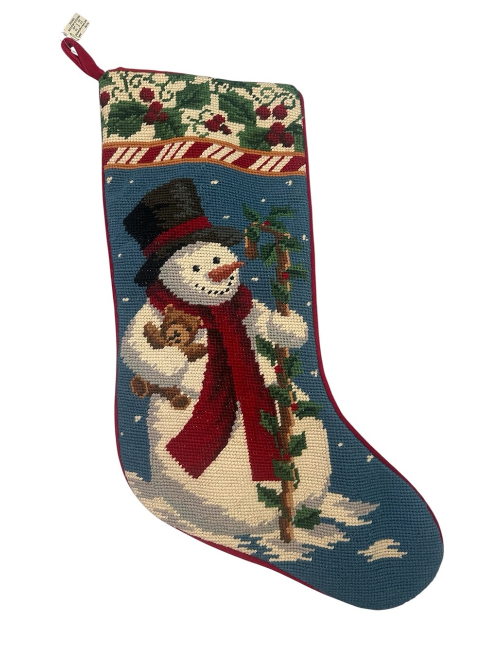 Vintage Needlepoint Snowman w/ Teddy Bear Christmas Stocking New Old Stock